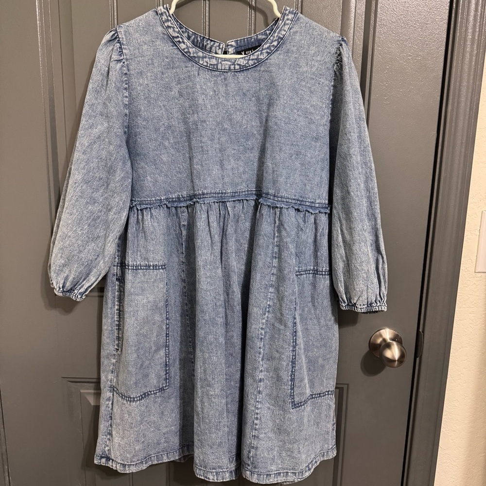 Very J Indigo Crystal Cross Cowgirl Larissa Longsleeve Denim 100% Cotton Dress